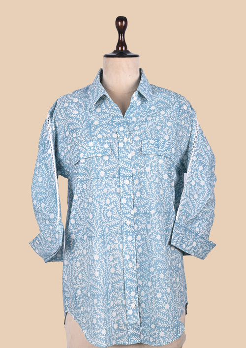 Blue Cotton Shirt Coord Set