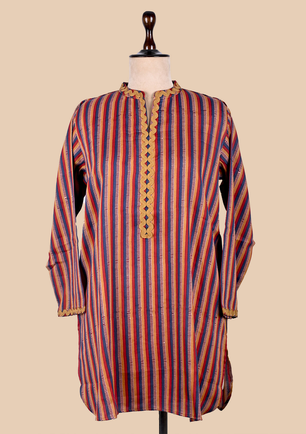 Red Blue Cotton Satin Kurta